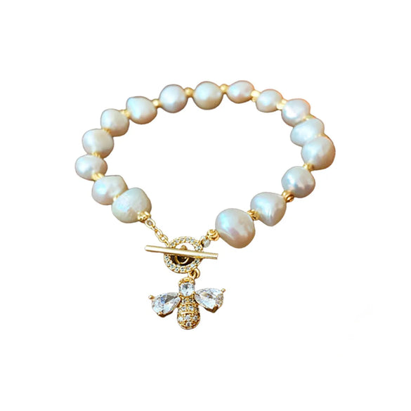 Wholesale Retro Heart Shape Bee Freshwater Pearl Copper Bracelets