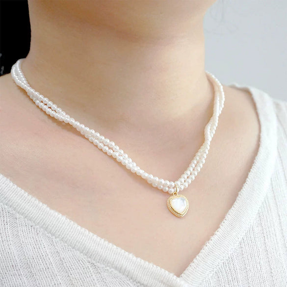 Wholesale Retro Heartshaped And Ushaped Pendant Imitation Pearl And Alloy Doublelayer Necklace Handmade For Women