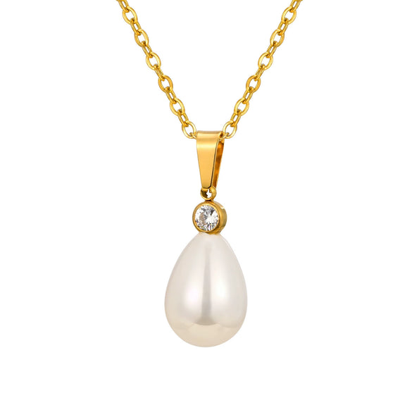 Wholesale Retro Highend Titanium Steel Artificial Pearl Dropshaped Pendant Necklace Clavicle Chain With Electroplating