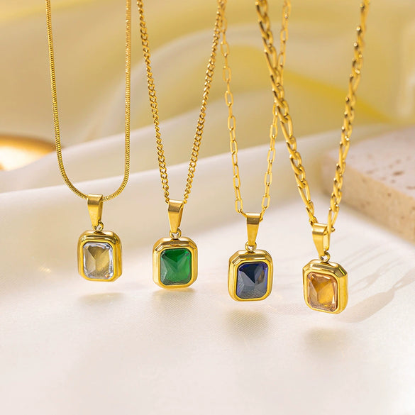 Wholesale Retro Hiphop Geometric Titanium Steel Plated 18K Color Gemstone Oshaped Chain Necklace Jewelry For Women