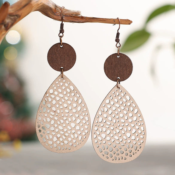 Wholesale Retro Hollow Spider Web Stitching Leather Drop Shape Women's Earrings