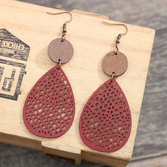 Wholesale Retro Hollow Spider Web Stitching Leather Drop Shape Women's Earrings