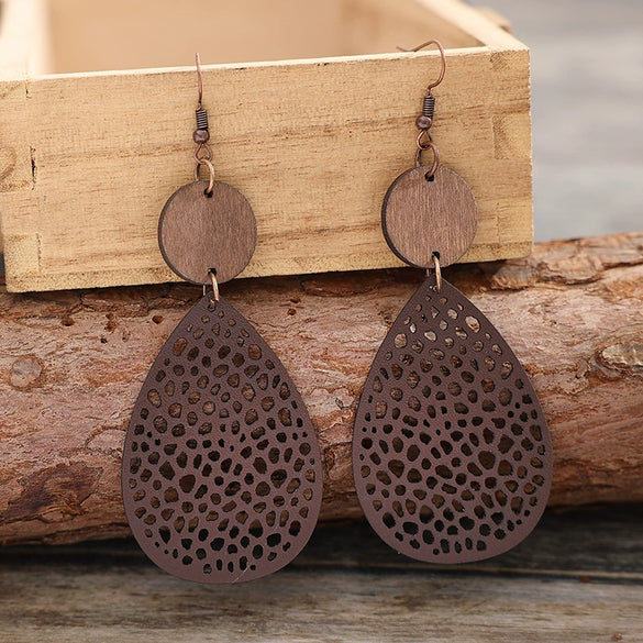 Wholesale Retro Hollow Spider Web Stitching Leather Drop Shape Women's Earrings