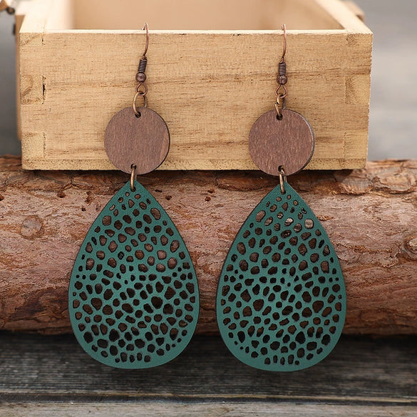 Wholesale Retro Hollow Spider Web Stitching Leather Drop Shape Women's Earrings