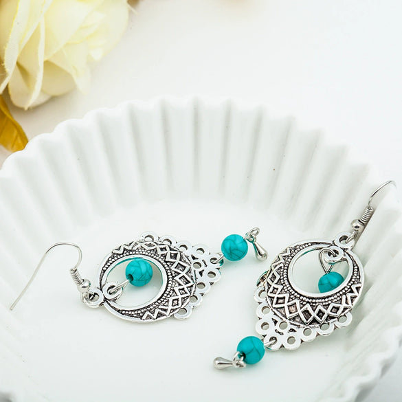 Wholesale Retro Hollow Turquoise Water Drop Earrings With Bohemian Tassels Alloy Electroplated Jewelry For Women