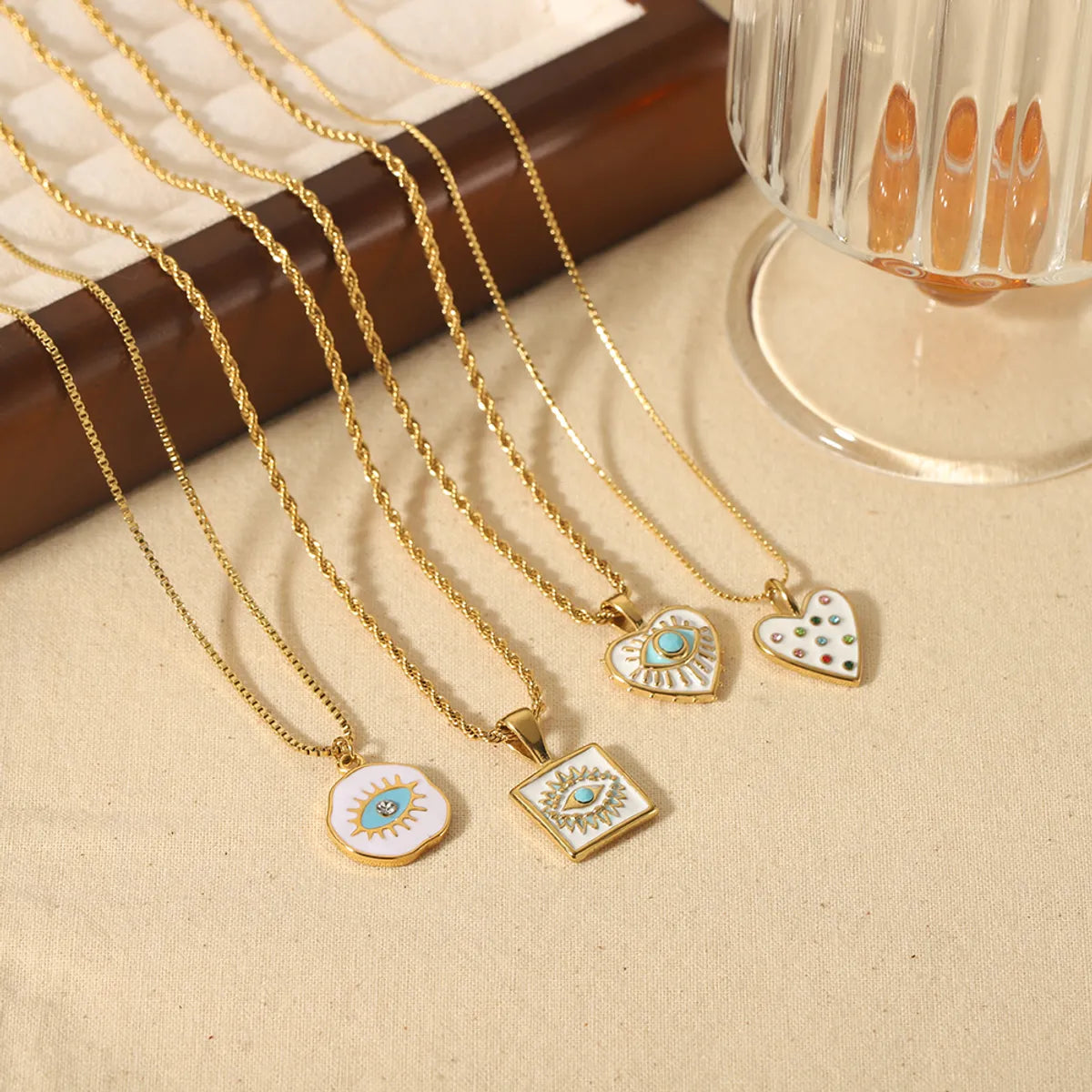 Retro Irregular Square Heart Shape Stainless Steel Polishing Plating Inlay Turquoise 18k Gold Plated Pendant Necklace