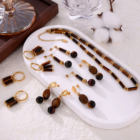 Wholesale Retro Jewelry Set With Tiger Eye Stone Beaded Design Electroplated Titanium Steel For Men And Women