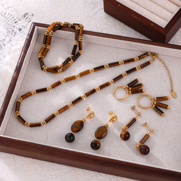 Wholesale Retro Jewelry Set With Tiger Eye Stone Beaded Design Electroplated Titanium Steel For Men And Women