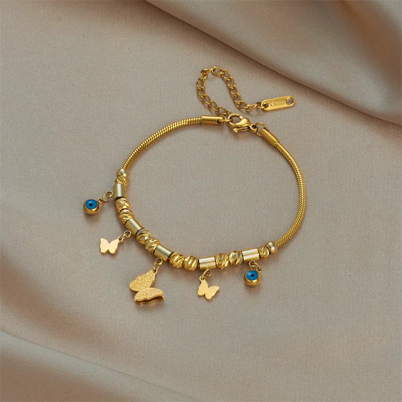 Retro Korean Style Butterfly 304 Stainless Steel 18K Gold Plated Turquoise Bracelets In Bulk