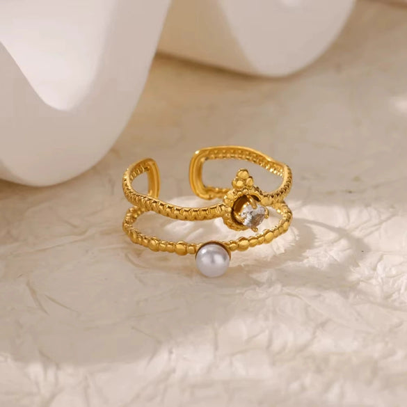 Wholesale Retro Light Luxury Open Ring With Imitation Pearls Set With Diamonds In Star Flower Leaf And Snake Design