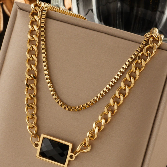 Wholesale Retro Light Luxury Simple Rectangular Geometric Titanium Steel Double Layer Chain Necklace With Black Diamond Copper Material Electroplating Treatment