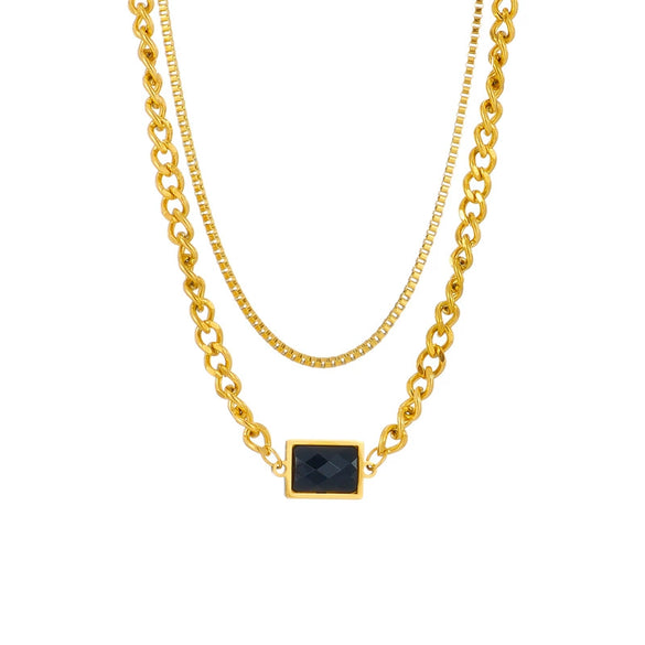 Wholesale Retro Light Luxury Simple Rectangular Geometric Titanium Steel Double Layer Chain Necklace With Black Diamond Copper Material Electroplating Treatment