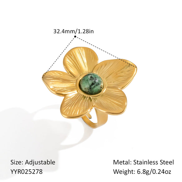 Wholesale Retro Luxury High End Ring Jewelry For Women Flower Inlaid African Turquoise Titanium Steel Geometric Shape Pvd Vacuum Real Gold Electroplating