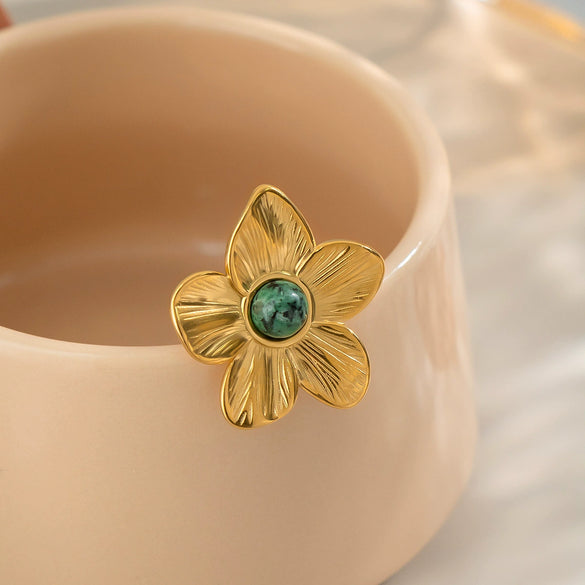Wholesale Retro Luxury High End Ring Jewelry For Women Flower Inlaid African Turquoise Titanium Steel Geometric Shape Pvd Vacuum Real Gold Electroplating
