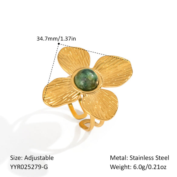 Wholesale Retro Luxury High End Ring Jewelry For Women Flower Inlaid African Turquoise Titanium Steel Geometric Shape Pvd Vacuum Real Gold Electroplating