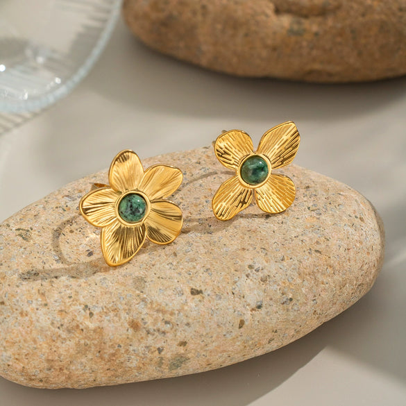 Wholesale Retro Luxury High End Ring Jewelry For Women Flower Inlaid African Turquoise Titanium Steel Geometric Shape Pvd Vacuum Real Gold Electroplating