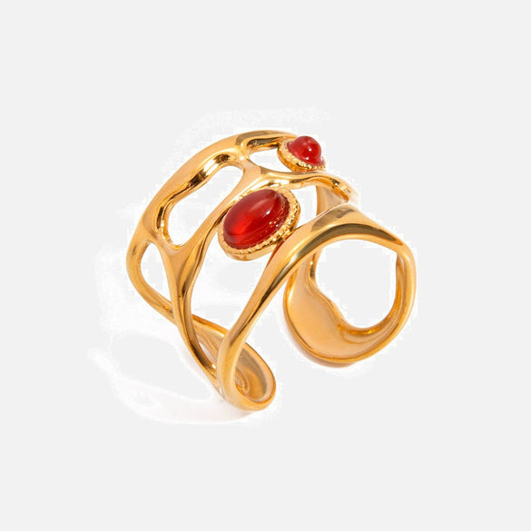 Wholesale Retro Luxury Stainless Steel Red Agate Hollow Opening Ring With Geometric Pattern And Electroplating Jewelry For Women