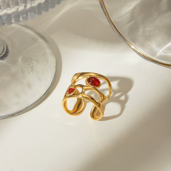 Wholesale Retro Luxury Stainless Steel Red Agate Hollow Opening Ring With Geometric Pattern And Electroplating Jewelry For Women