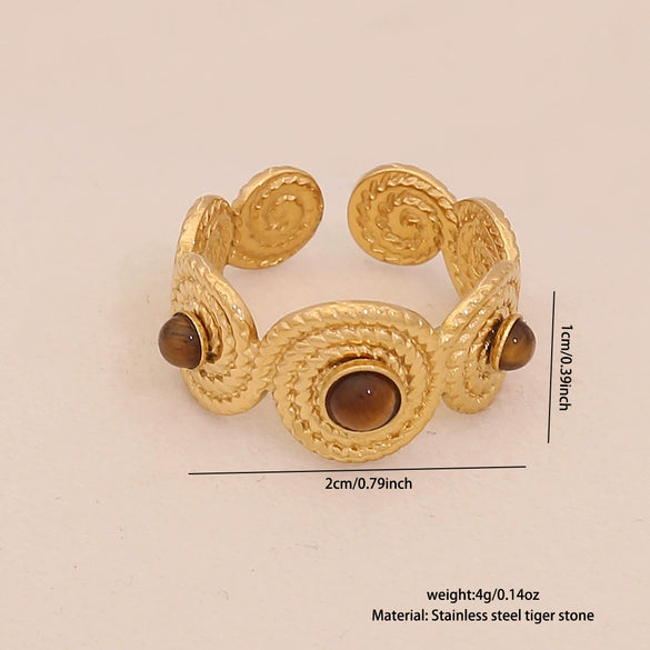 Wholesale Retro Maillard Style Natural Tiger Stone Geometric Ring For Women Stainless Steel With Electroplating
