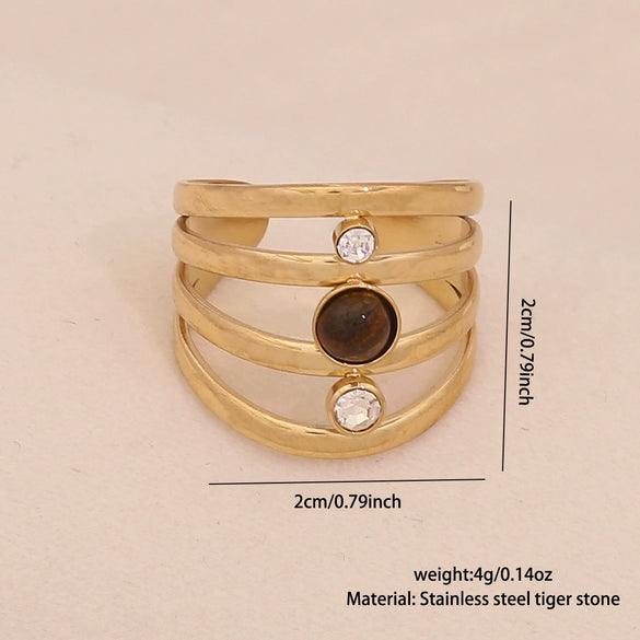 Wholesale Retro Maillard Style Natural Tiger Stone Geometric Ring For Women Stainless Steel With Electroplating