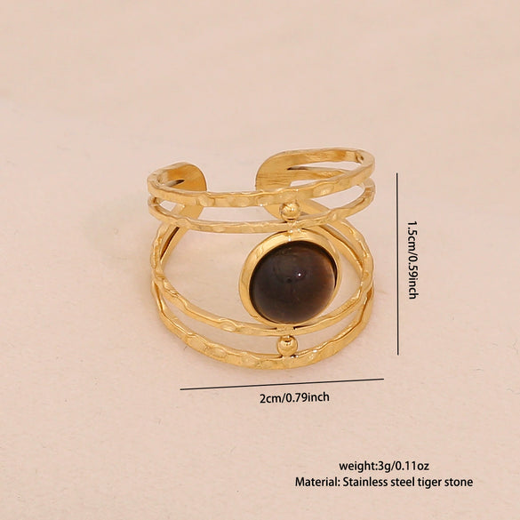 Wholesale Retro Maillard Style Natural Tiger Stone Geometric Ring For Women Stainless Steel With Electroplating