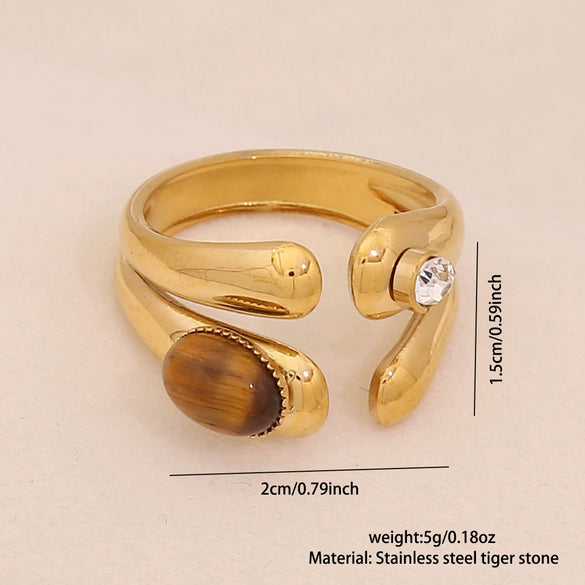 Wholesale Retro Maillard Style Natural Tiger Stone Geometric Ring For Women Stainless Steel With Electroplating