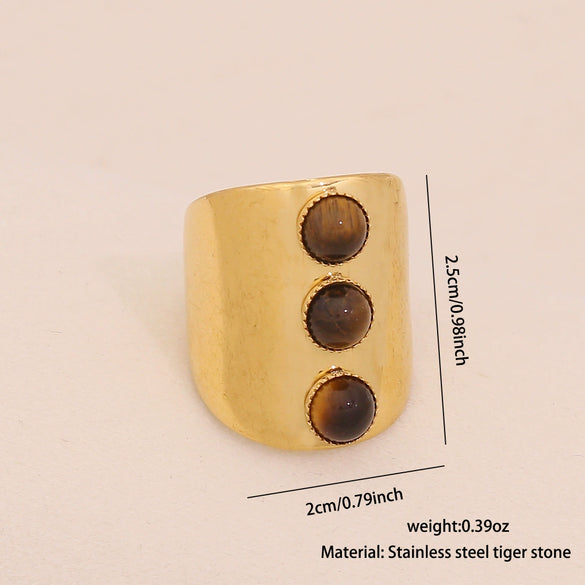 Wholesale Retro Maillard Style Natural Tiger Stone Geometric Ring For Women Stainless Steel With Electroplating