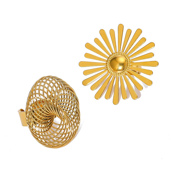 Wholesale Retro Metal Stainless Steel Plated Oval Flower Fan Ring For Women With 18K Furnace Vacuum Plating