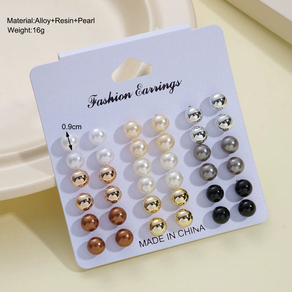 Wholesale Retro Mixed Color Imitation Pearl Women's Earrings Set With Geometric Pattern And Electroplating Treatment