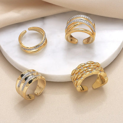 Wholesale Retro Modern Style Roman Style Geometric Copper Plating Inlay 18K Gold Plated Zircon Rings