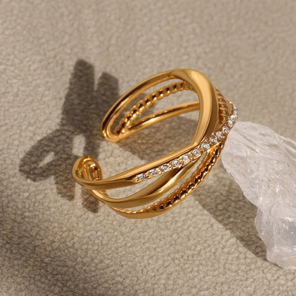 Wholesale Retro Multilayer Cross Geometric Zircon Stainless Steel Goldplated Women's Ring