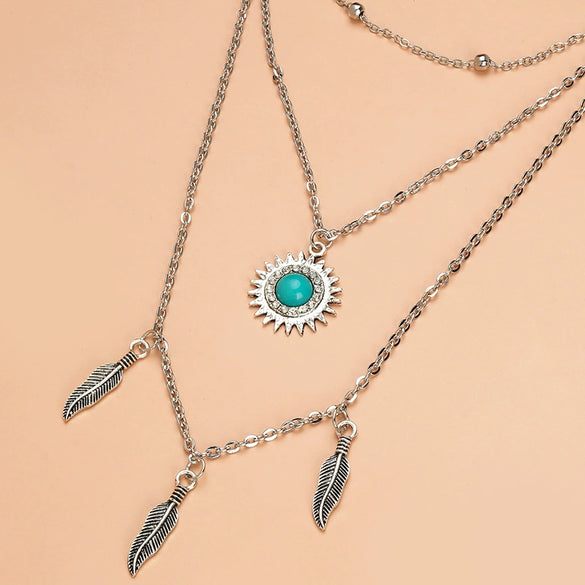 Wholesale Retro Multilayer Feather Leaf Pendant Neck Chain With Turquoise Point Drill And Electroplating Made Of Alloy Metal
