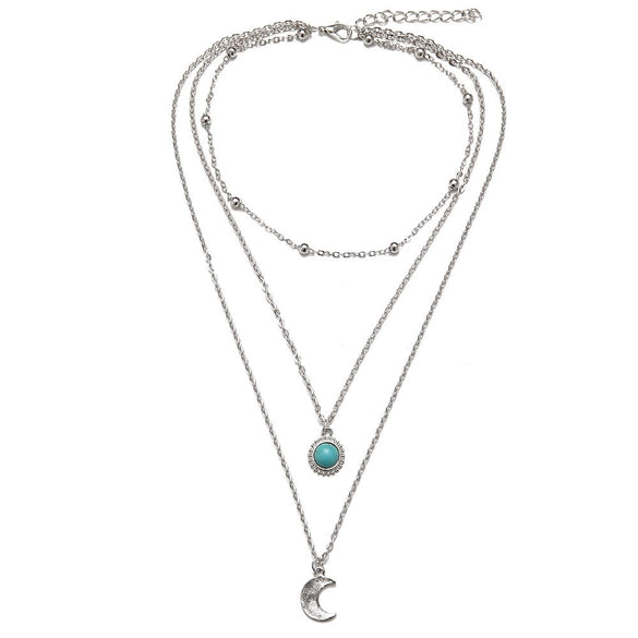 Wholesale Retro Multilayer Feather Leaf Pendant Neck Chain With Turquoise Point Drill And Electroplating Made Of Alloy Metal