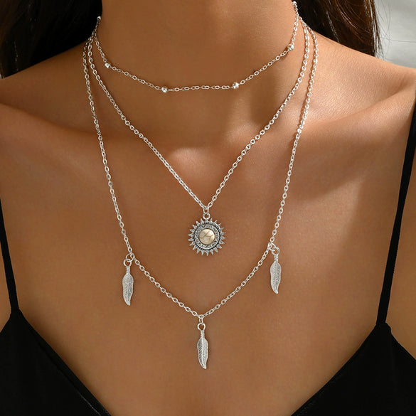 Wholesale Retro Multilayer Feather Leaf Pendant Neck Chain With Turquoise Point Drill And Electroplating Made Of Alloy Metal