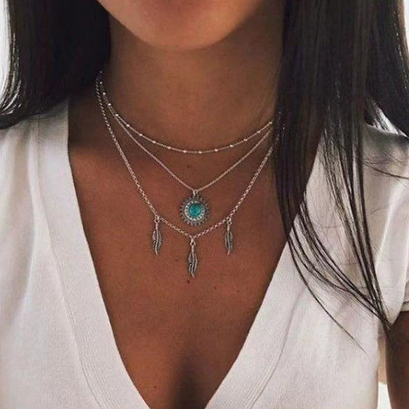 Wholesale Retro Multilayer Feather Leaf Pendant Neck Chain With Turquoise Point Drill And Electroplating Made Of Alloy Metal