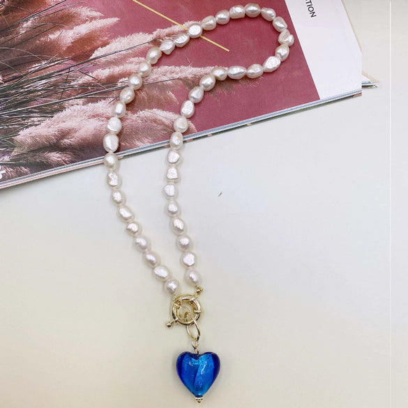 Wholesale Retro Natural Pearl And Alloy Heart Geometric Necklace With Ball Chain