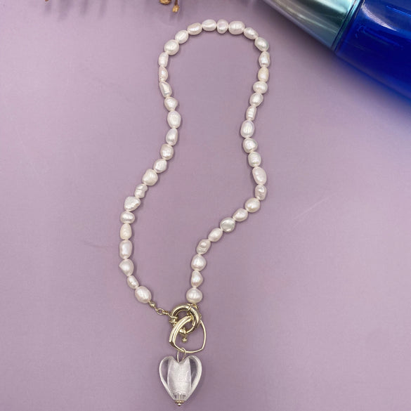 Wholesale Retro Natural Pearl And Alloy Heart Geometric Necklace With Ball Chain
