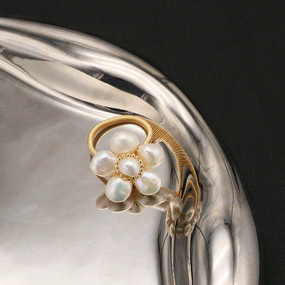 Wholesale Retro Natural Pearl Geometric Baroque Flower Winding Open Ring