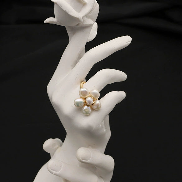 Wholesale Retro Natural Pearl Geometric Baroque Flower Winding Open Ring