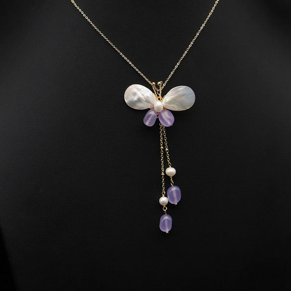 Wholesale Retro Natural Pearl Necklace With Shell Butterfly Pendant Amethyst Tassel And Geometric Pattern Copper 18K Gold Plated