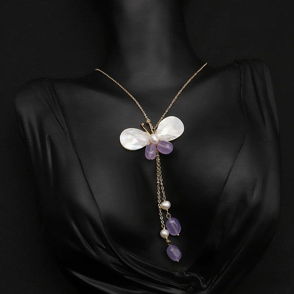 Wholesale Retro Natural Pearl Necklace With Shell Butterfly Pendant Amethyst Tassel And Geometric Pattern Copper 18K Gold Plated