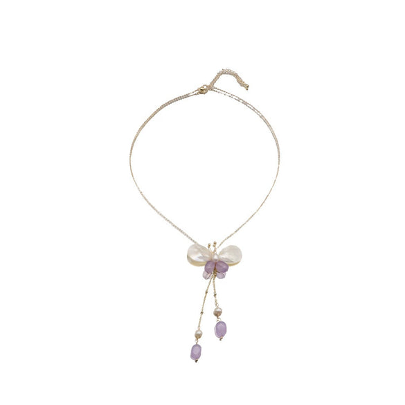 Wholesale Retro Natural Pearl Necklace With Shell Butterfly Pendant Amethyst Tassel And Geometric Pattern Copper 18K Gold Plated