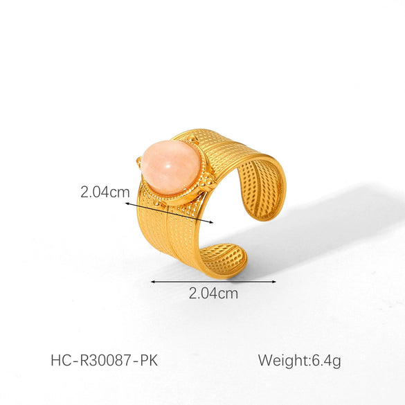 Wholesale Retro Natural Stone Hand Jewelry Stainless Steel Open Ring With Geometric Design And Electroplating For Women
