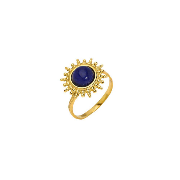 Wholesale Retro Natural Stone Opening Ring With Sunflower Pattern In Titanium Steel Vacuum Real Gold In Pvd Furnace Treatment For Women