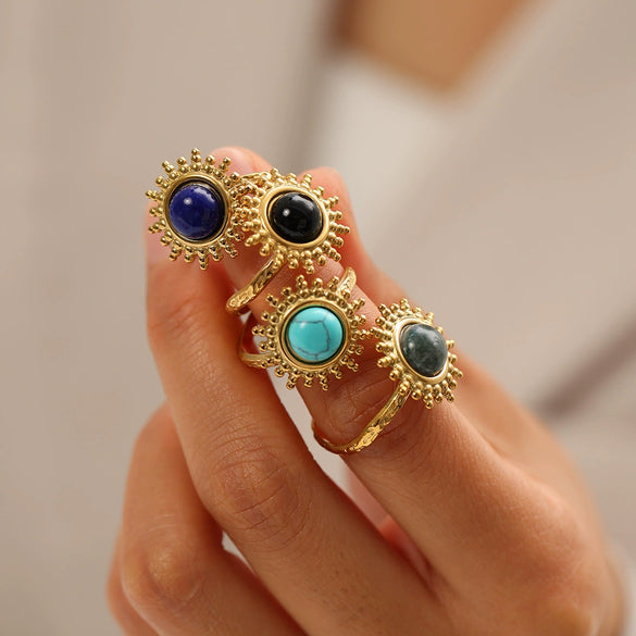 Wholesale Retro Natural Stone Opening Ring With Sunflower Pattern In Titanium Steel Vacuum Real Gold In Pvd Furnace Treatment For Women