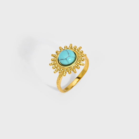 Wholesale Retro Natural Stone Opening Ring With Sunflower Pattern In Titanium Steel Vacuum Real Gold In Pvd Furnace Treatment For Women