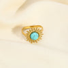 Wholesale Retro Natural Stone Opening Ring With Sunflower Pattern In Titanium Steel Vacuum Real Gold In Pvd Furnace Treatment For Women