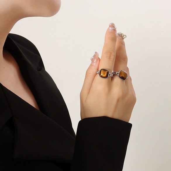Wholesale Retro Natural Stone Tiger Eye Stone Inlay Geometric Opening Ring With Titanium Steel And Electroplating For Unisex
