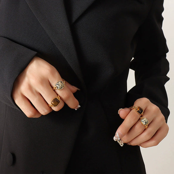 Wholesale Retro Natural Stone Tiger Eye Stone Inlay Geometric Opening Ring With Titanium Steel And Electroplating For Unisex
