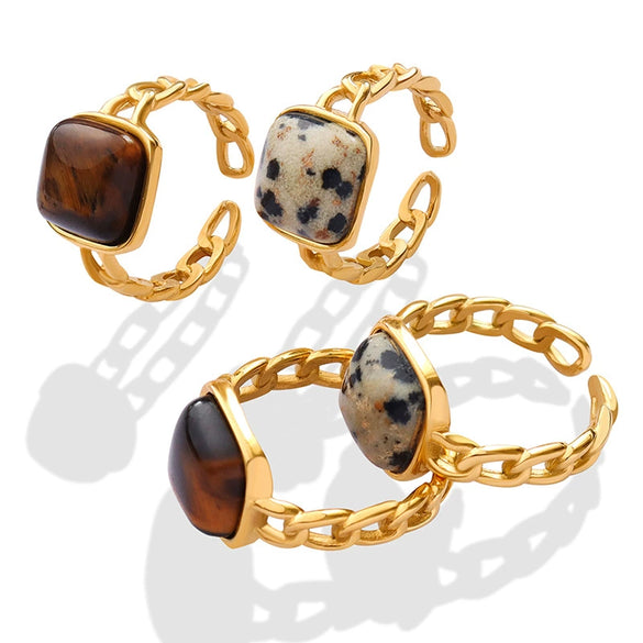 Wholesale Retro Natural Stone Tiger Eye Stone Inlay Geometric Opening Ring With Titanium Steel And Electroplating For Unisex